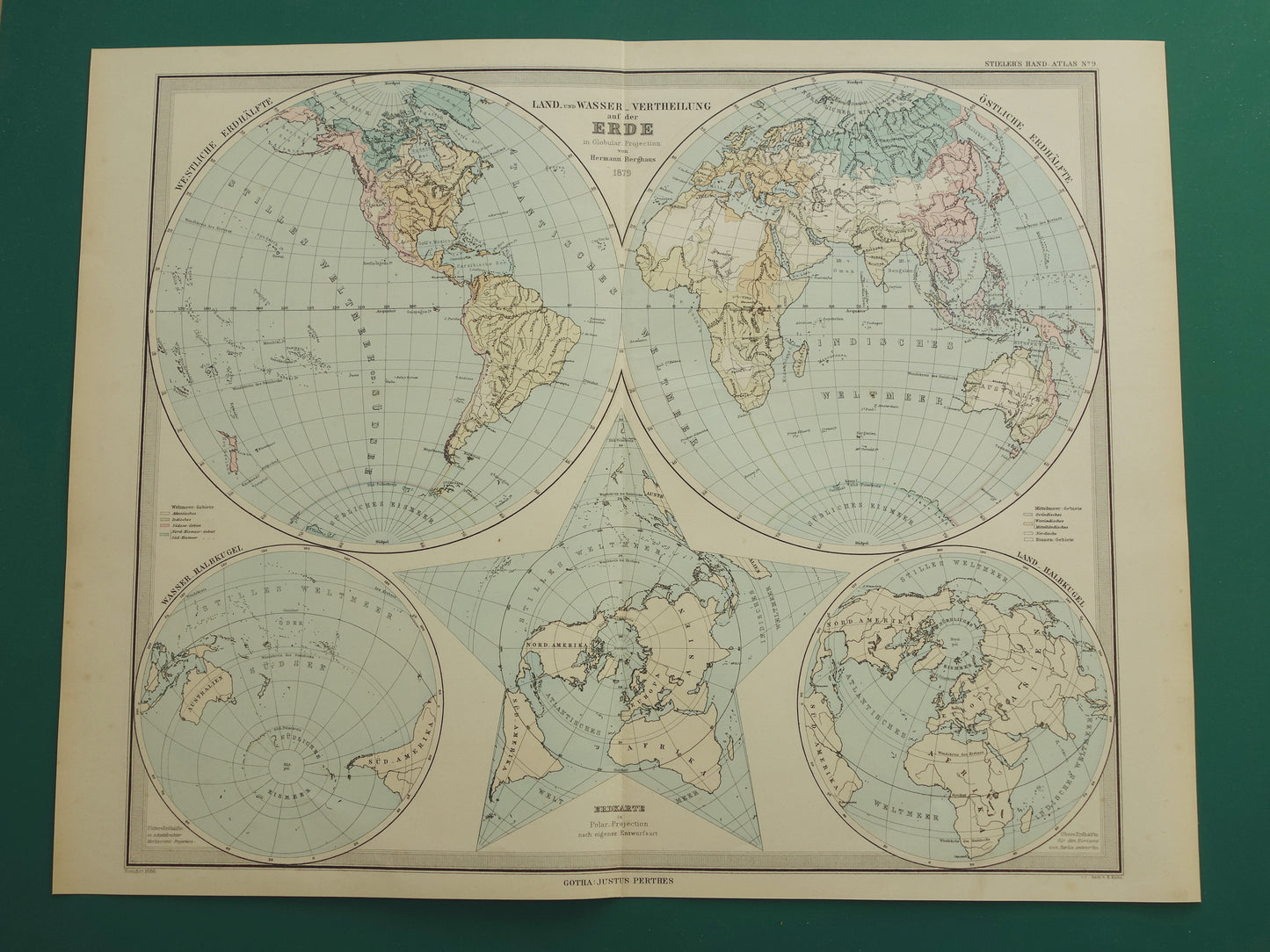 Antieke WERELDKAART grote oude kaart van de Wereld 1879 met dubbele hemisfeer originele vintage landkaart oceanen grootste landmassa met datum
