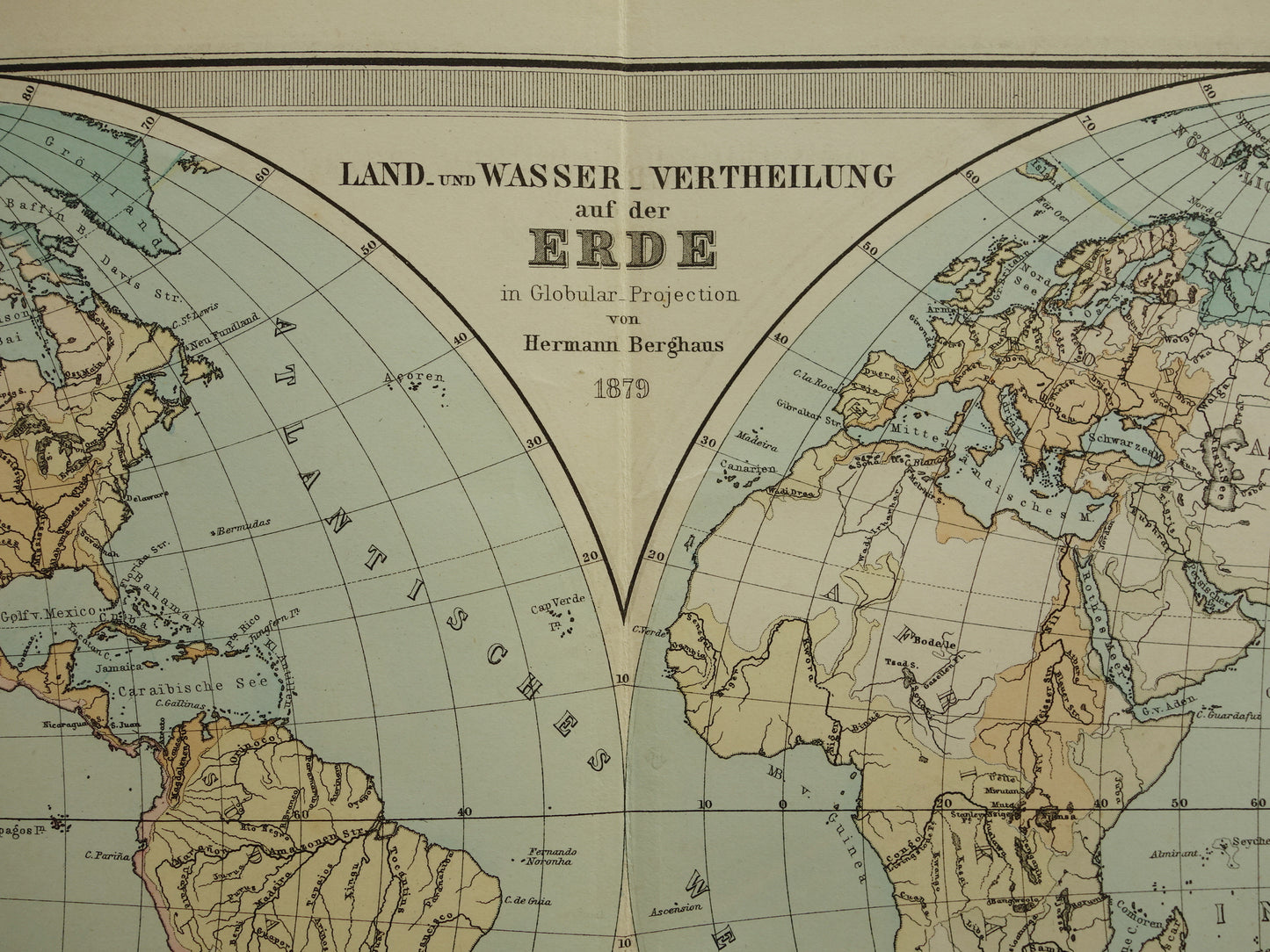 Antieke WERELDKAART grote oude kaart van de Wereld 1879 met dubbele hemisfeer originele vintage landkaart oceanen grootste landmassa met datum