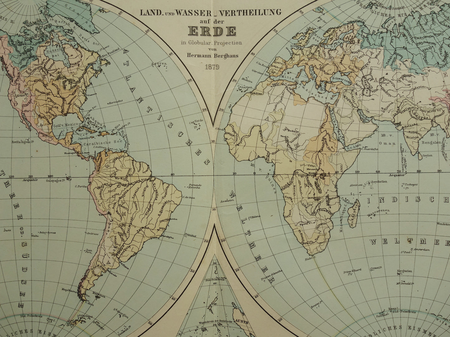 Antieke WERELDKAART grote oude kaart van de Wereld 1879 met dubbele hemisfeer originele vintage landkaart oceanen grootste landmassa met datum