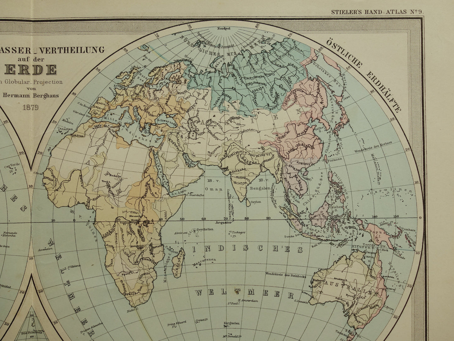 Antieke WERELDKAART grote oude kaart van de Wereld 1879 met dubbele hemisfeer originele vintage landkaart oceanen grootste landmassa met datum
