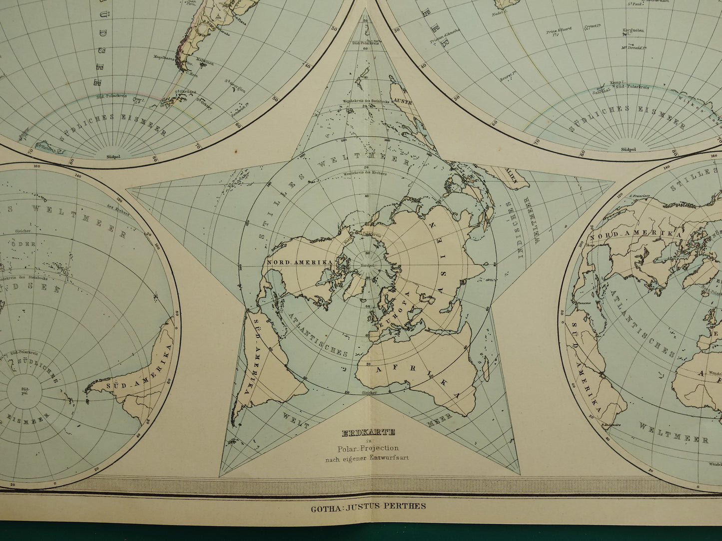 Antieke WERELDKAART grote oude kaart van de Wereld 1879 met dubbele hemisfeer originele vintage landkaart oceanen grootste landmassa met datum
