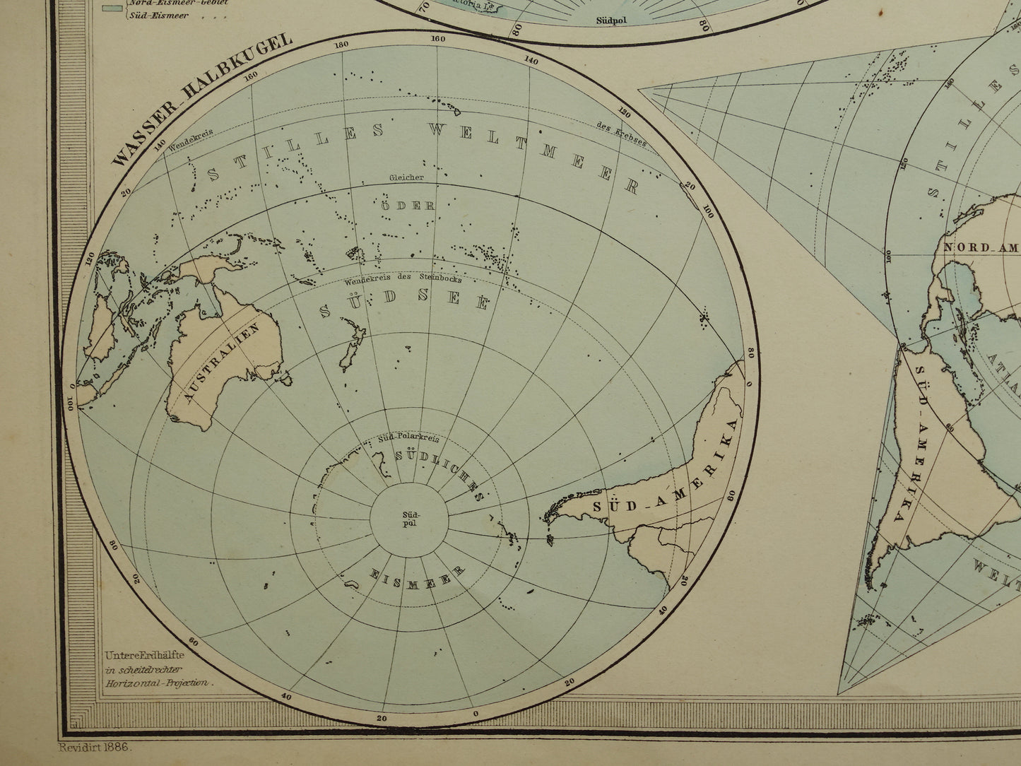 Antieke WERELDKAART grote oude kaart van de Wereld 1879 met dubbele hemisfeer originele vintage landkaart oceanen grootste landmassa met datum