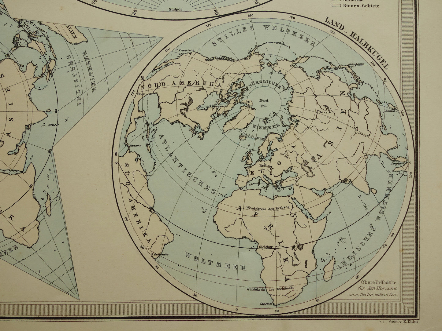 Antieke WERELDKAART grote oude kaart van de Wereld 1879 met dubbele hemisfeer originele vintage landkaart oceanen grootste landmassa met datum