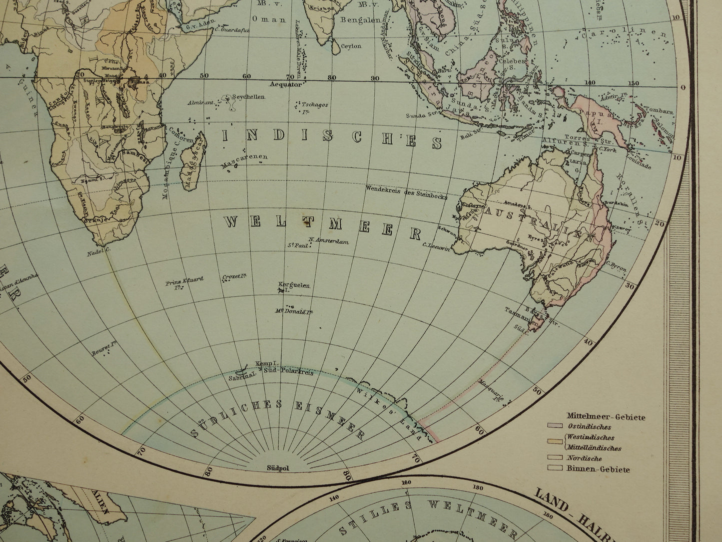Antieke WERELDKAART grote oude kaart van de Wereld 1879 met dubbele hemisfeer originele vintage landkaart oceanen grootste landmassa met datum