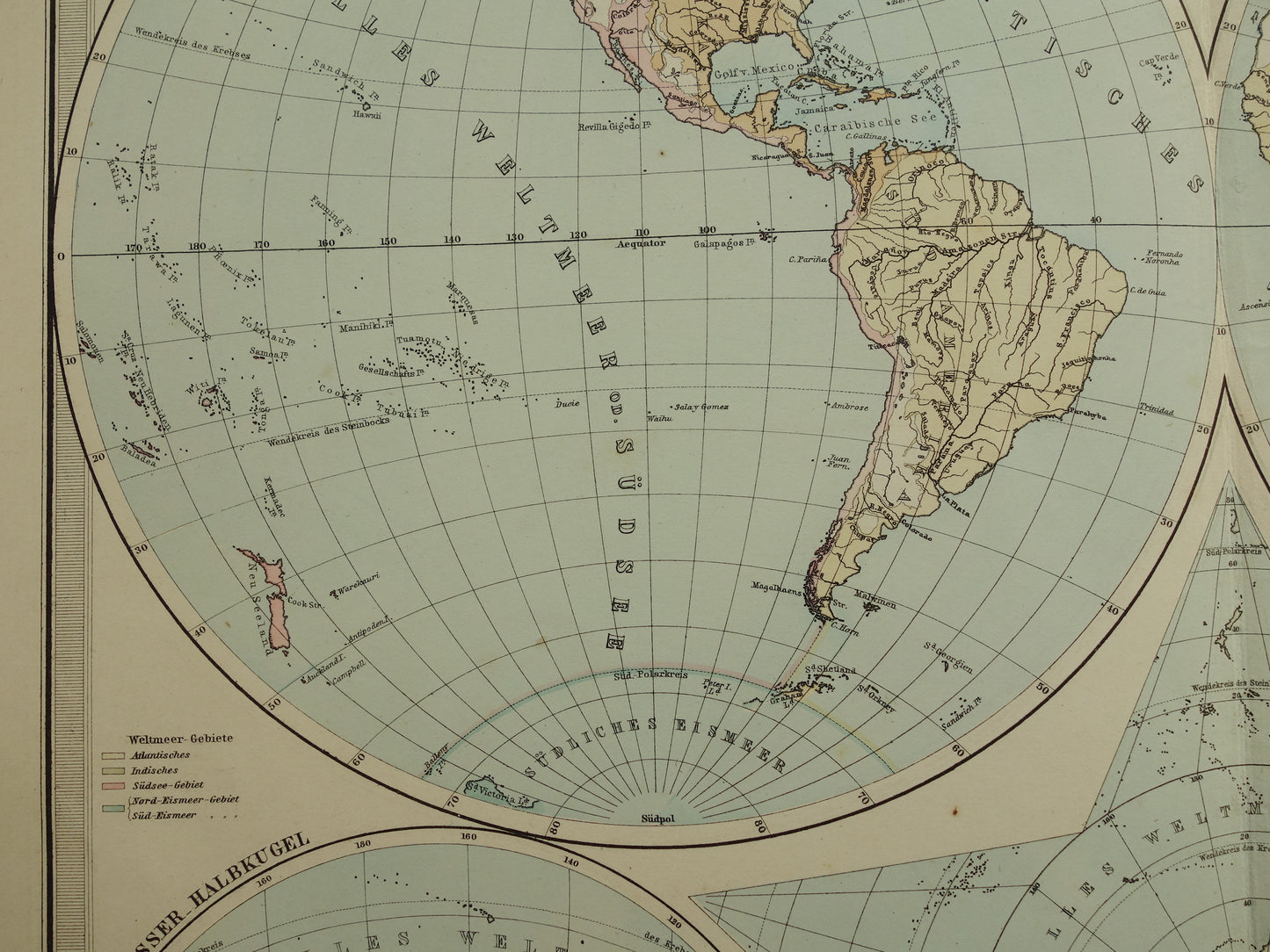 Antieke WERELDKAART grote oude kaart van de Wereld 1879 met dubbele hemisfeer originele vintage landkaart oceanen grootste landmassa met datum