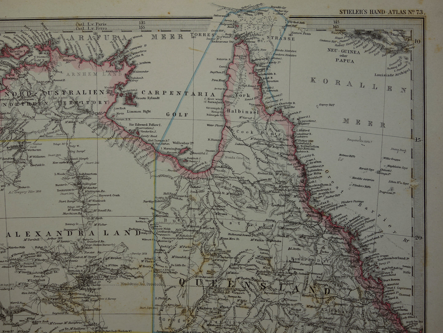 AUSTRALIE oude landkaart uit 1884 originele antieke Duitse kaart van Australië 37x44 cm