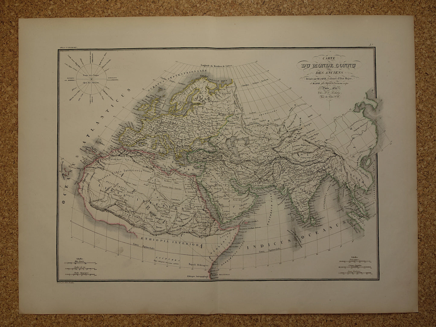 Ptolemaeus oude wereldkaart uit 1851 kaart van de klassieke wereld originele antieke handgekleurde landkaart met jaartal geschiedeniskaart