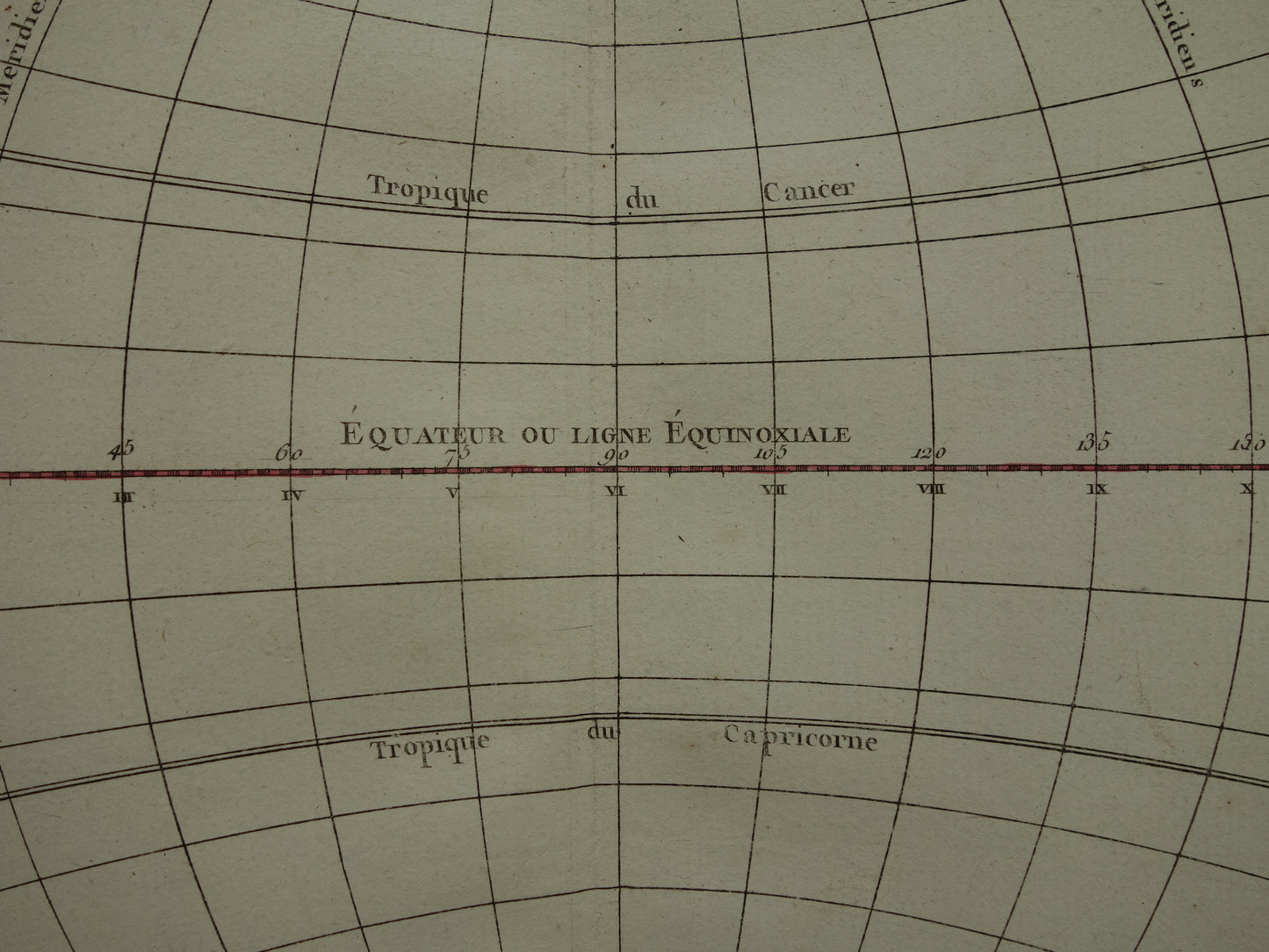 Antiker Druck eines Globus mit Äquator und Meridianen, 1761. Originale alte Karte der Erdgeographie, Polarkreise, Tropen.