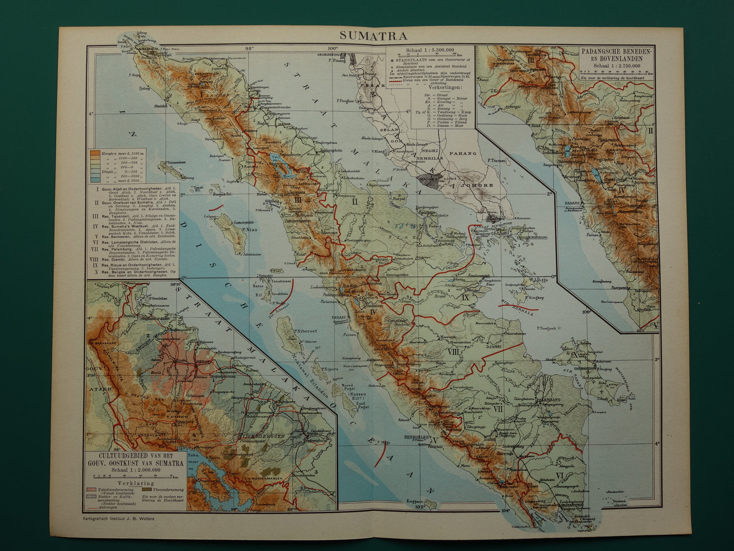 Sumatra oude kaart van Sumatra Indonesië 1938 originele vintage Nederlandse landkaart historische kaarten Sumatra Medan Palembang