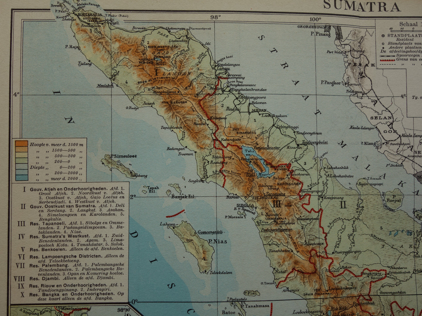 Sumatra oude kaart van Sumatra Indonesië 1938 originele vintage Nederlandse landkaart historische kaarten Sumatra Medan Palembang