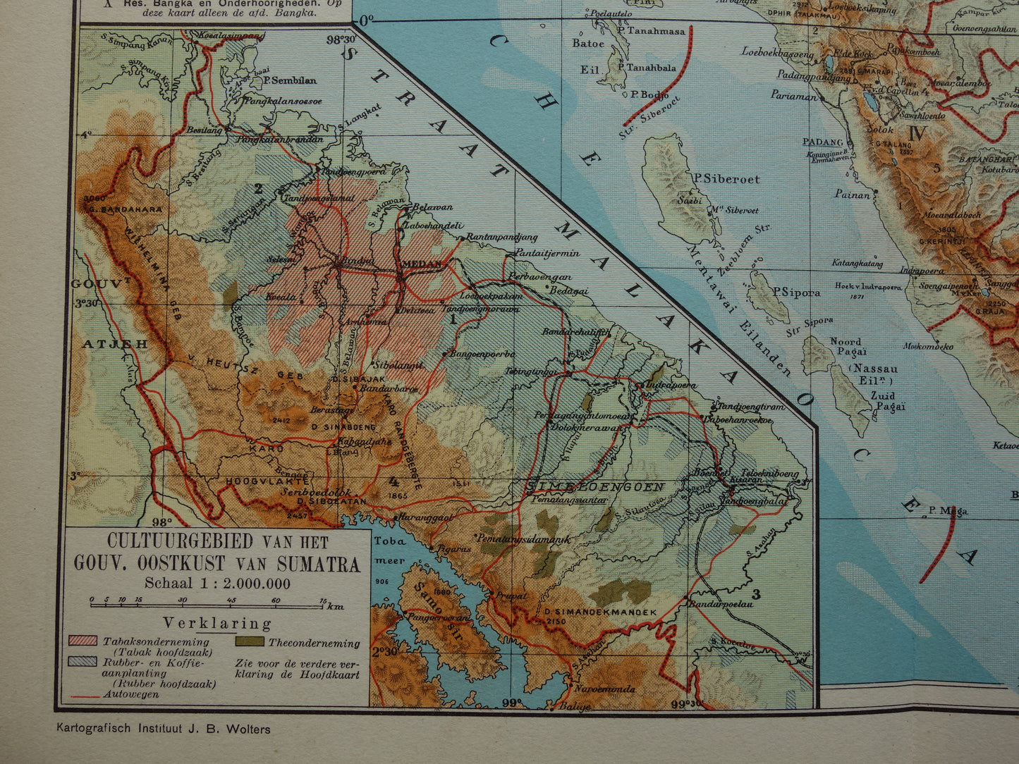 Sumatra oude kaart van Sumatra Indonesië 1938 originele vintage Nederlandse landkaart historische kaarten Sumatra Medan Palembang