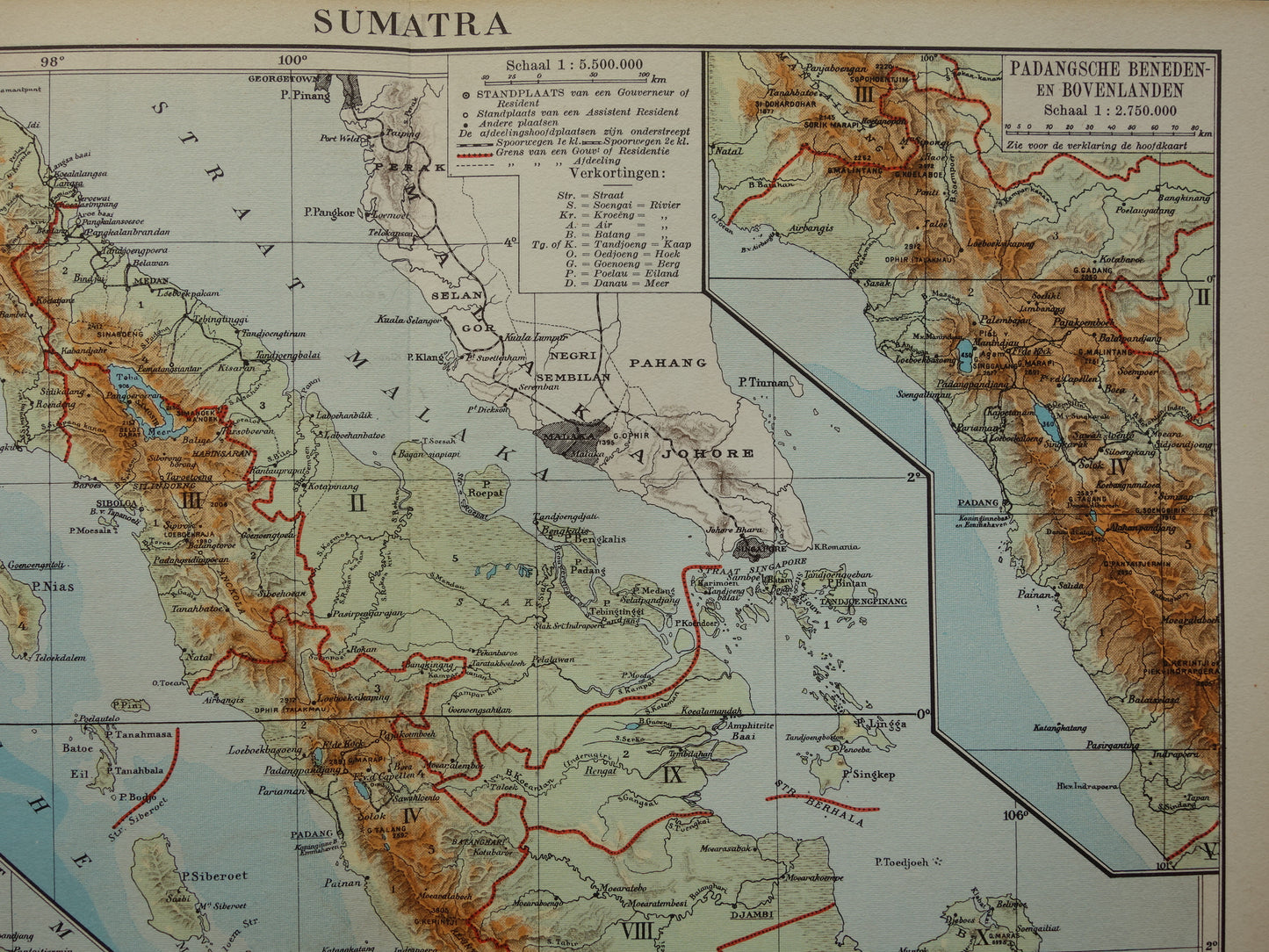 Sumatra oude kaart van Sumatra Indonesië 1938 originele vintage Nederlandse landkaart historische kaarten Sumatra Medan Palembang
