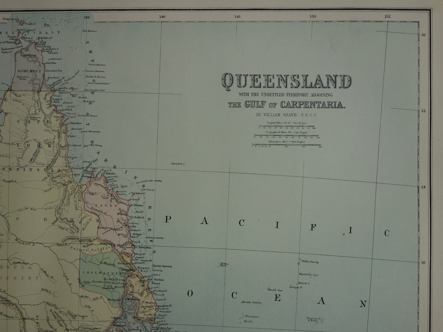 Queensland Australië oude kaart 1890 originele antieke Engelse landkaart Queensland QLD poster