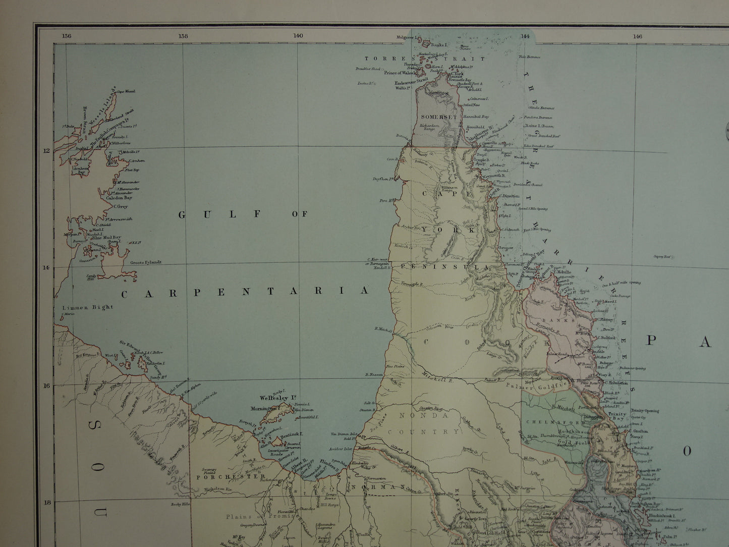 Queensland Australië oude kaart 1890 originele antieke Engelse landkaart Queensland QLD poster