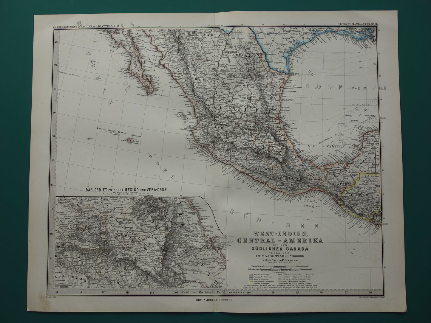 MEXICO oude handgekleurde landkaart van Mexico uit 1886 originele antieke kaart met jaartal