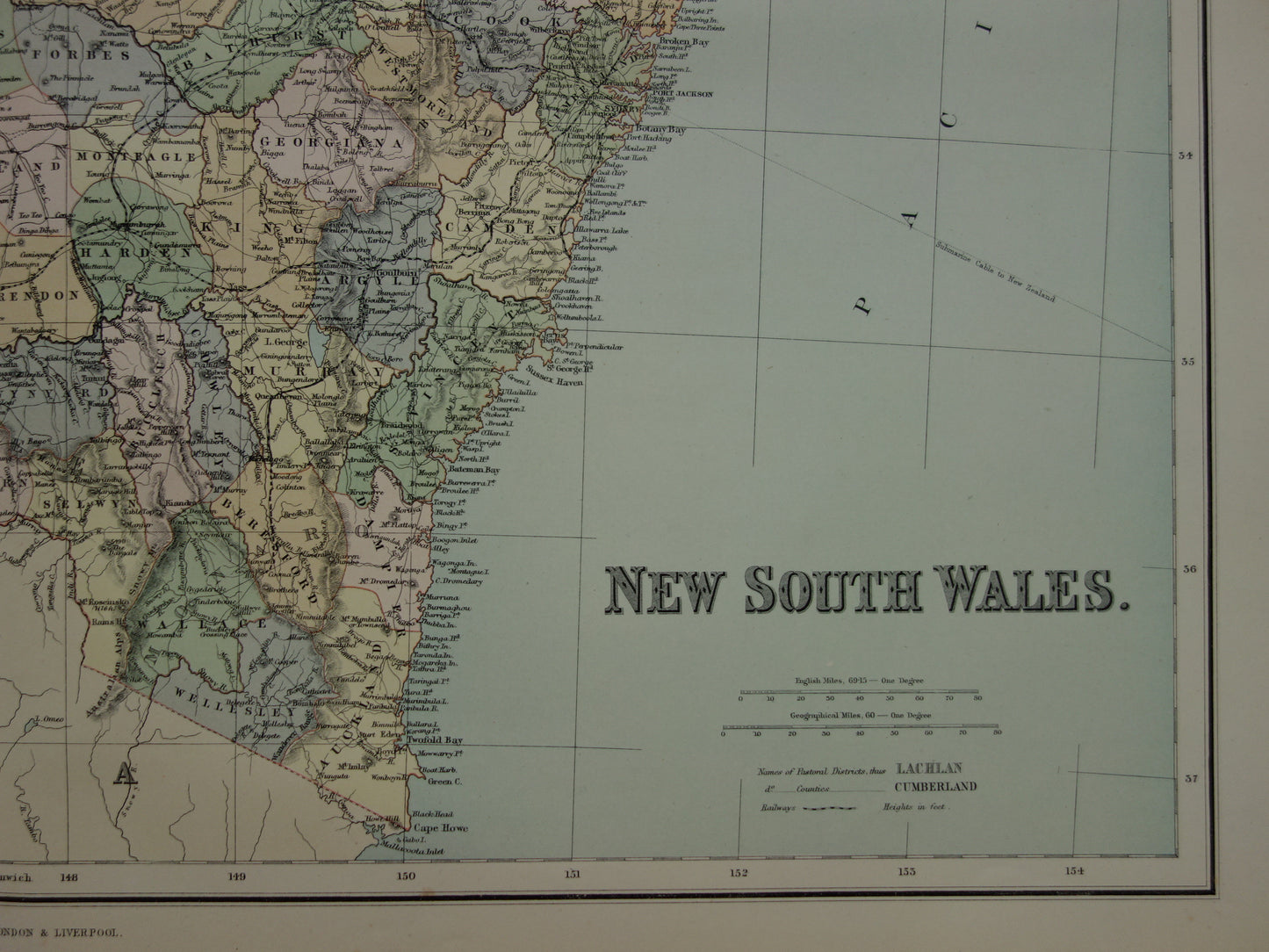 New South Wales Australië oude kaart 1890 originele antieke Engelse landkaart NSW Sydney poster