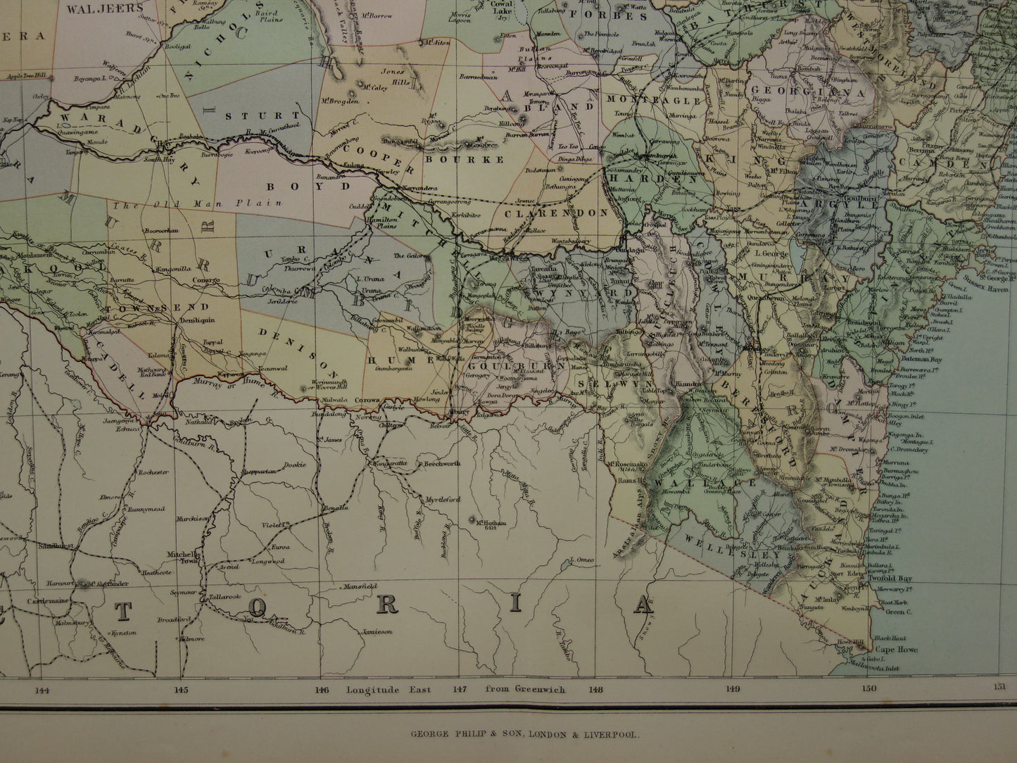 New South Wales Australië oude kaart 1890 originele antieke Engelse landkaart NSW Sydney poster