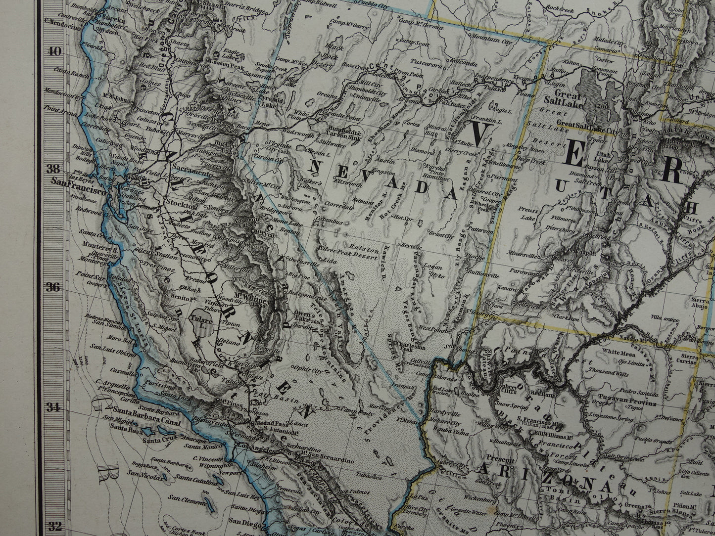 Verenigde Staten oude kaart uit 1886 originele antieke poster print van Amerikaanse westkust gedetailleerde vintage kaarten San Francisco Los Angeles Californië