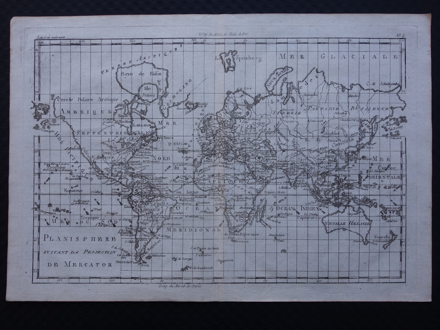 1780 Oude Wereldkaart Originele antieke kaart van de wereld van Raynal Bonne