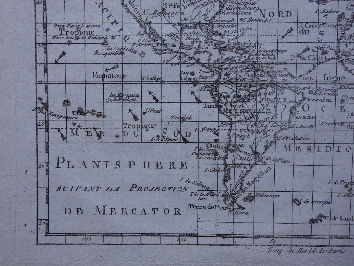 1780 Oude Wereldkaart Originele antieke kaart van de wereld van Raynal Bonne