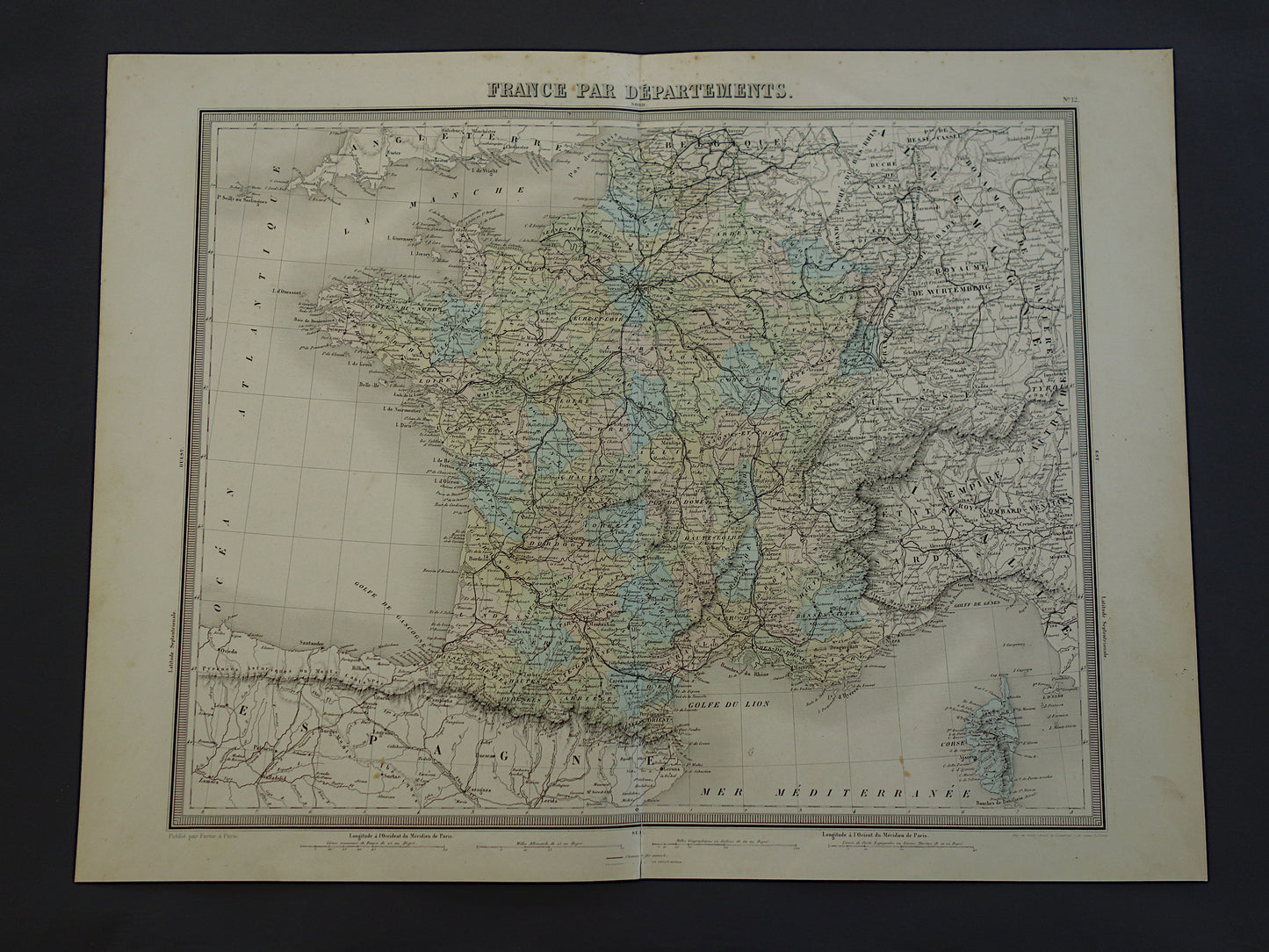 FRANKRIJK Grote antieke kaart departementen in Frankrijk 1858 originele oude landkaart