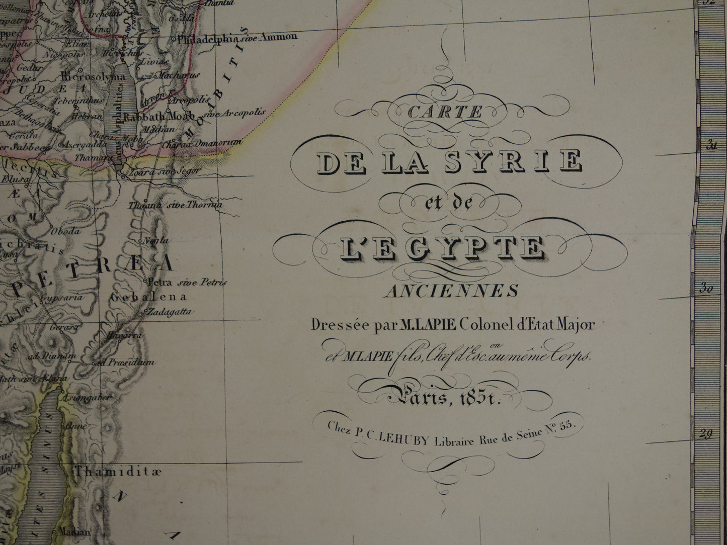 Historische kaart van Syrië Palestina Egypte in de klassieke oudheid uit 1851 originele antieke Franse handgekleurde landkaart midden-oosten