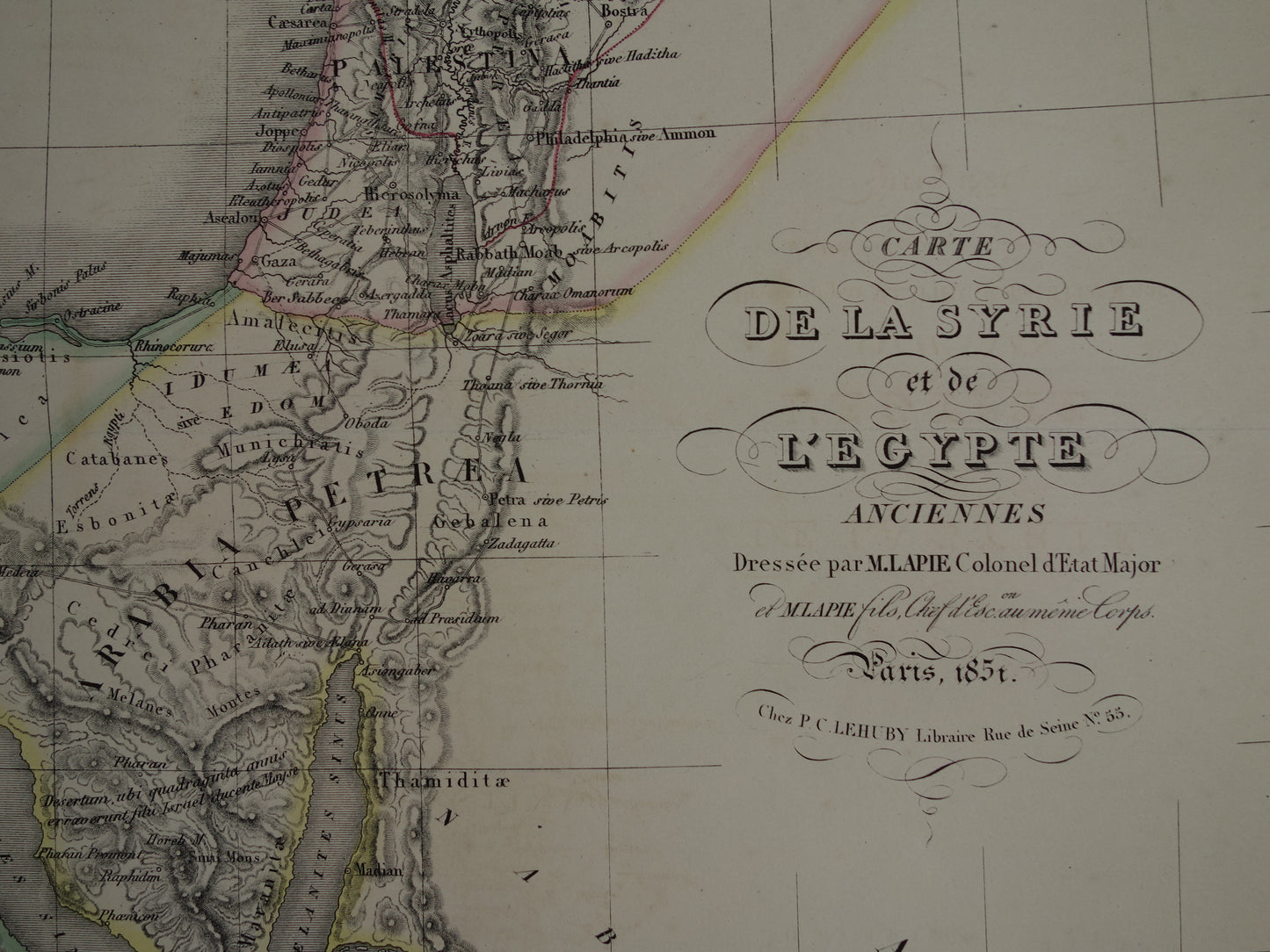 Historische kaart van Syrië Palestina Egypte in de klassieke oudheid uit 1851 originele antieke Franse handgekleurde landkaart midden-oosten