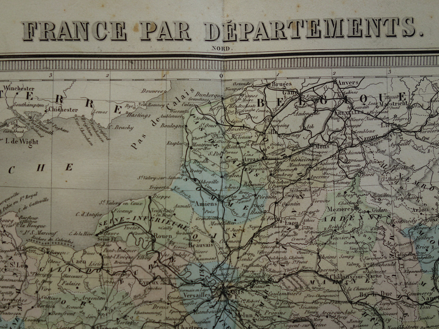 FRANKRIJK Grote antieke kaart departementen in Frankrijk 1858 originele oude landkaart