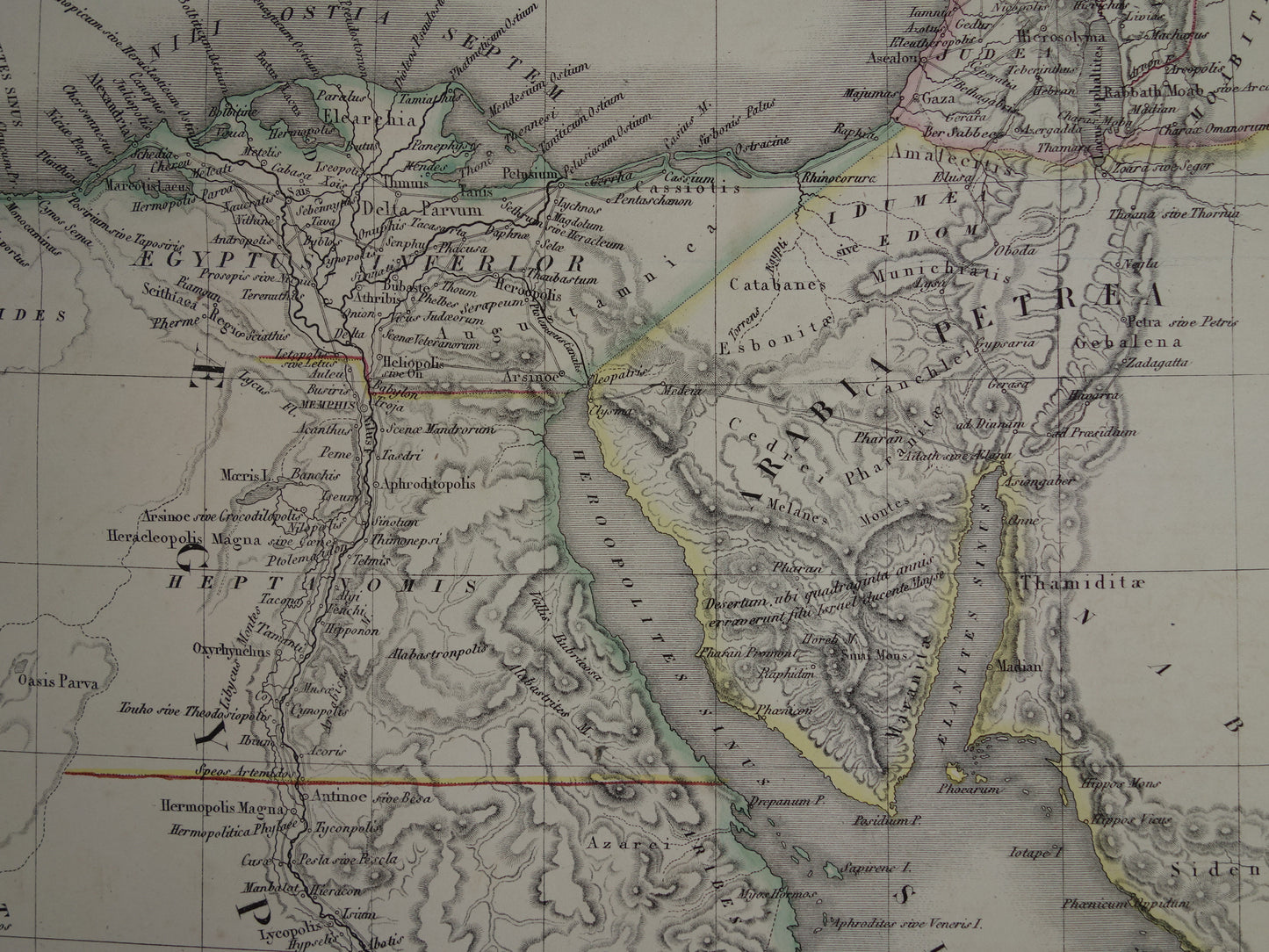 Historische kaart van Syrië Palestina Egypte in de klassieke oudheid uit 1851 originele antieke Franse handgekleurde landkaart midden-oosten