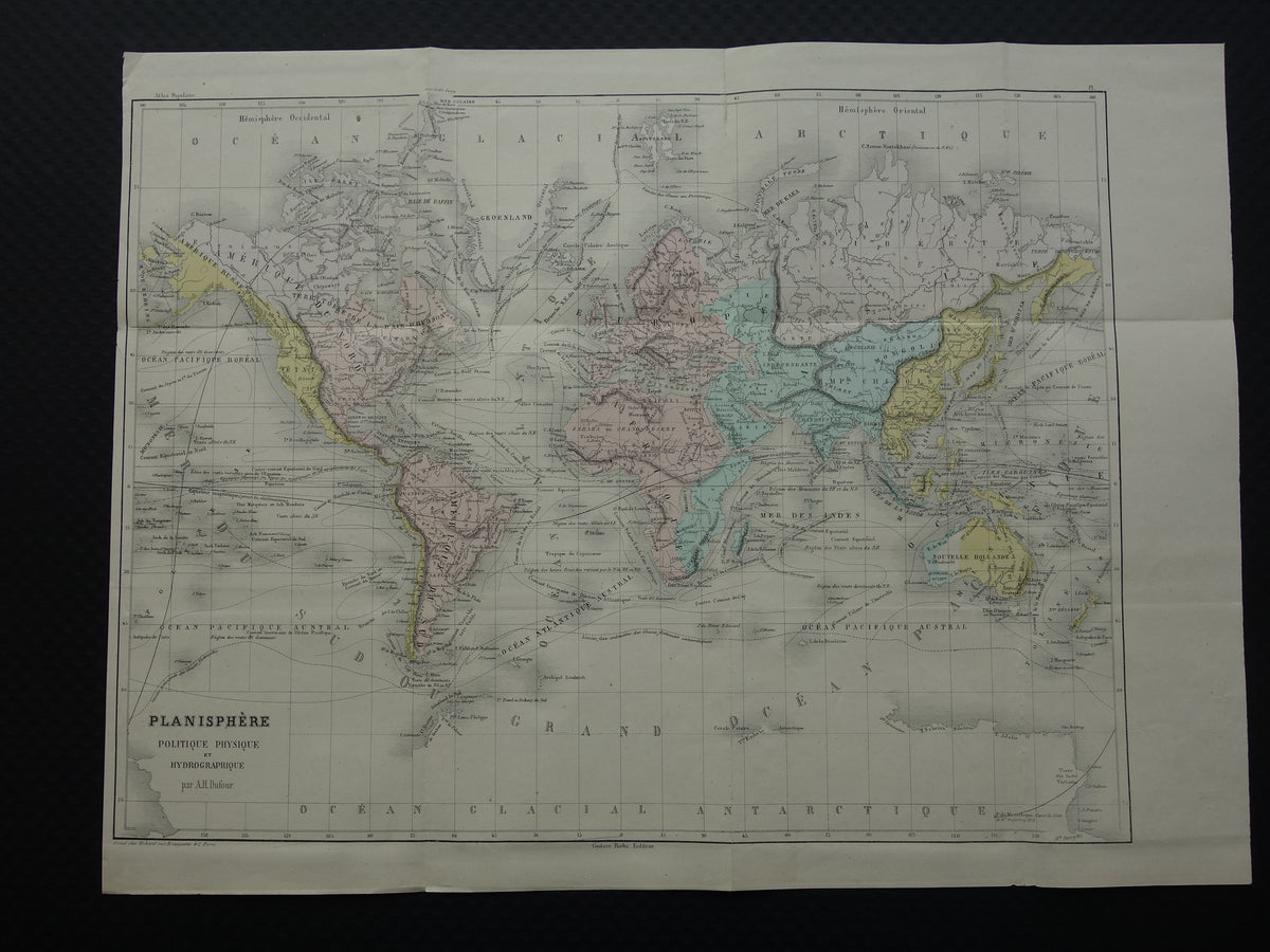 Oude wereldkaart uit 1858 originele antieke handgekleurde Franse landkaart