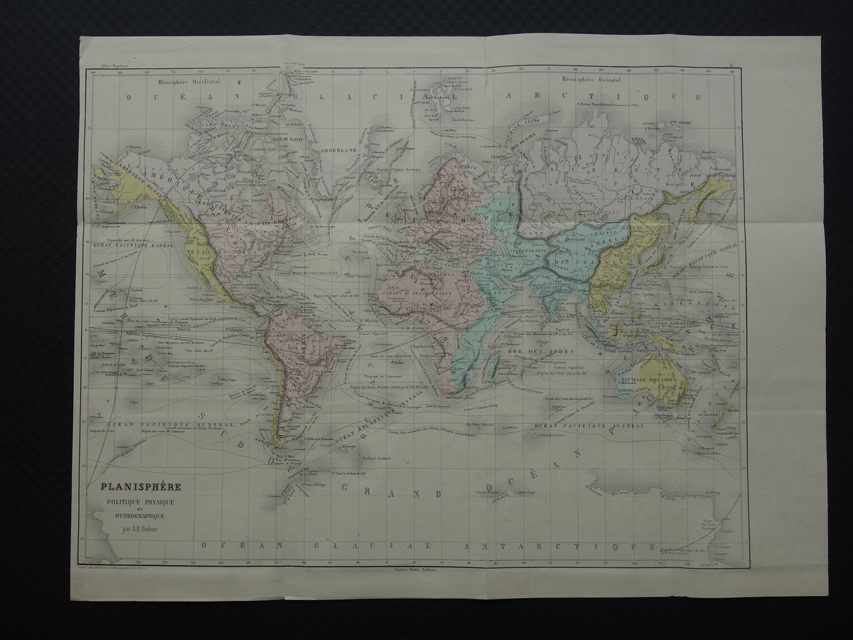 Oude wereldkaart uit 1858 originele antieke handgekleurde Franse landkaart
