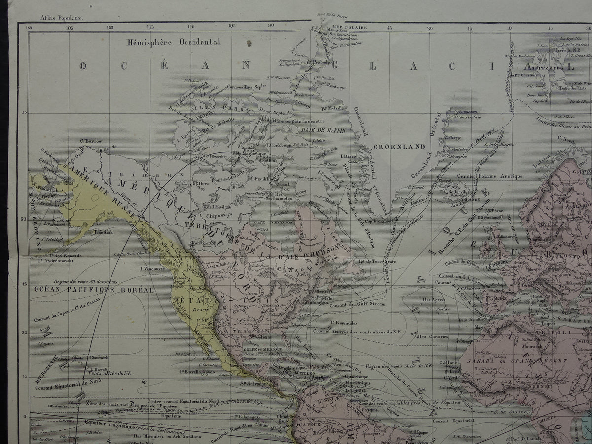 Oude wereldkaart uit 1858 originele antieke handgekleurde Franse landkaart