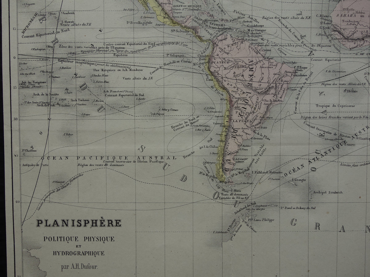Oude wereldkaart uit 1858 originele antieke handgekleurde Franse landkaart