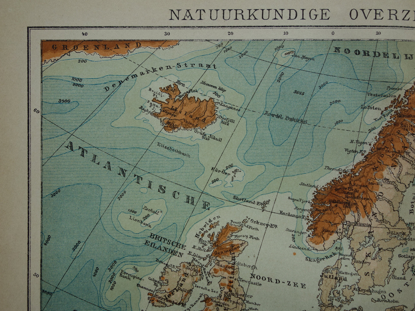 EUROPA Oude hoogtekaart van Europa uit 1907 originele Nederlandse antieke vintage kaart Bergen Rivieren Geologie landkaart