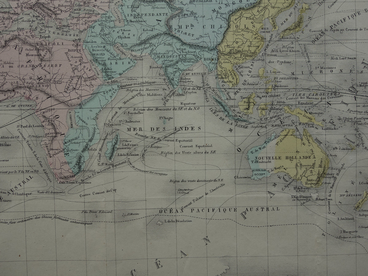 Oude wereldkaart uit 1858 originele antieke handgekleurde Franse landkaart