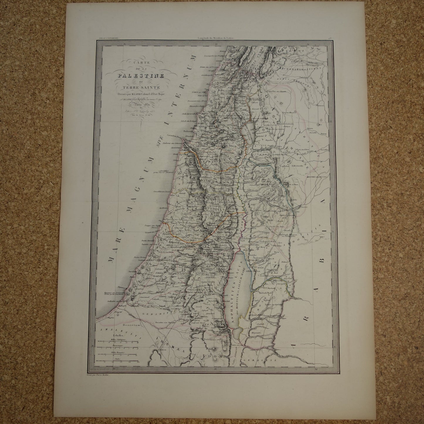 Oude kaart van Palestina in de klassieke oudheid uit 1851 originele antieke Franse handgekleurde landkaart Heilige Land Jeruzalem