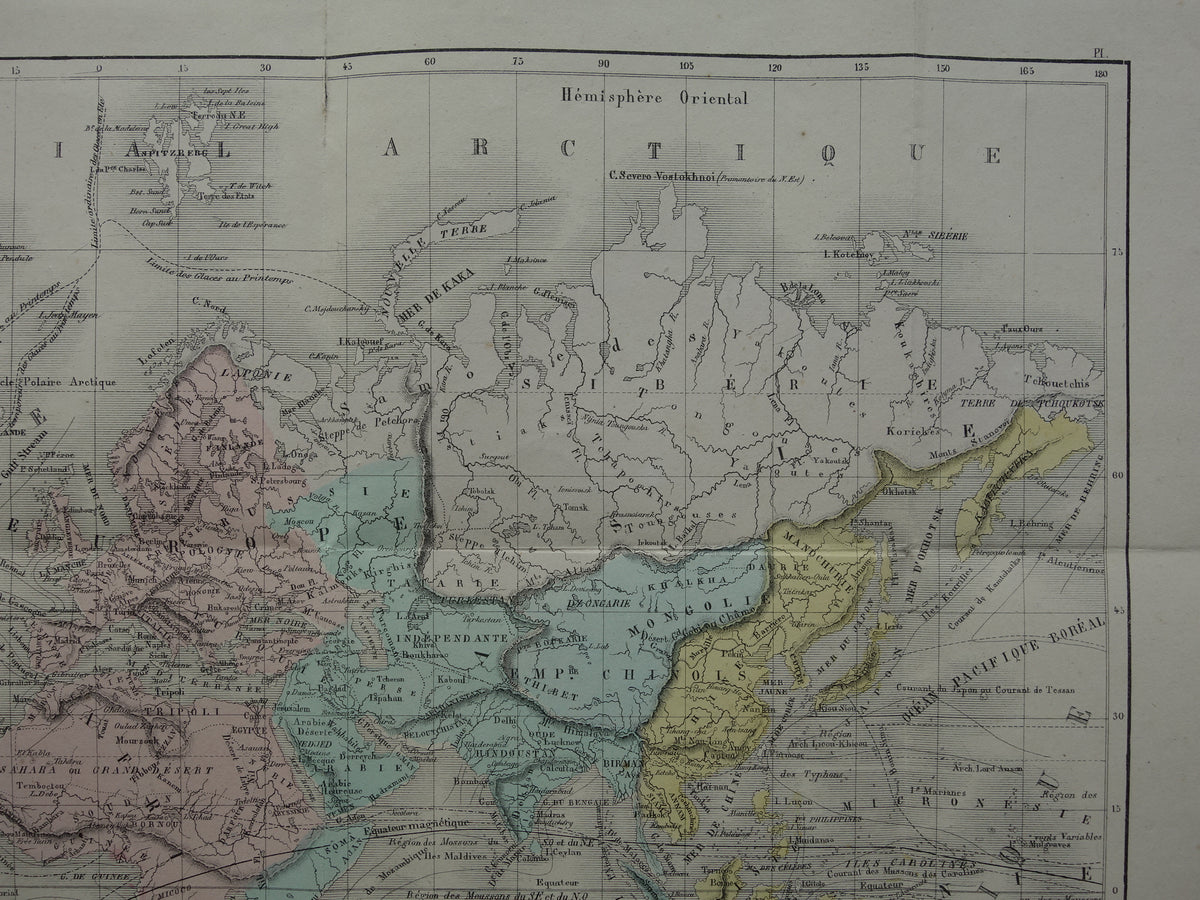 Oude wereldkaart uit 1858 originele antieke handgekleurde Franse landkaart