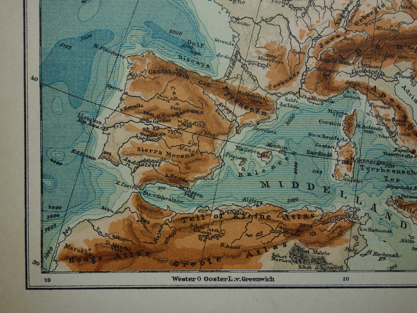 EUROPA Oude hoogtekaart van Europa uit 1907 originele Nederlandse antieke vintage kaart Bergen Rivieren Geologie landkaart