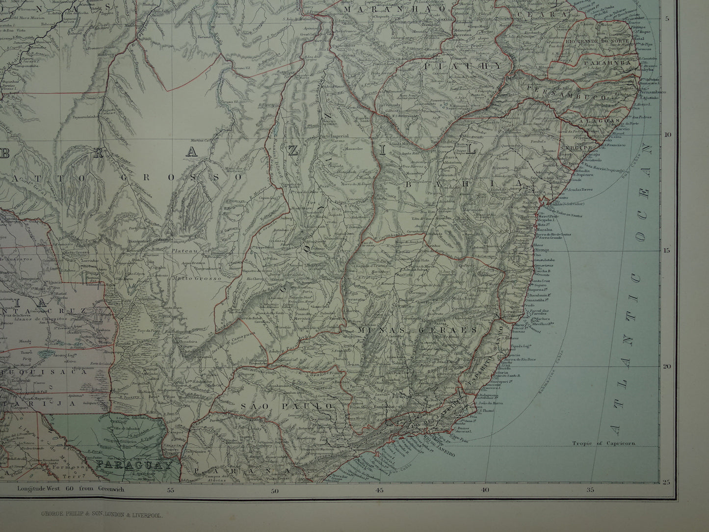 Große alte Karte des nördlichen Südamerikas, 1890, Original-Antiquitätenkarte, Brasilien, Suriname, Amazonas, Peru