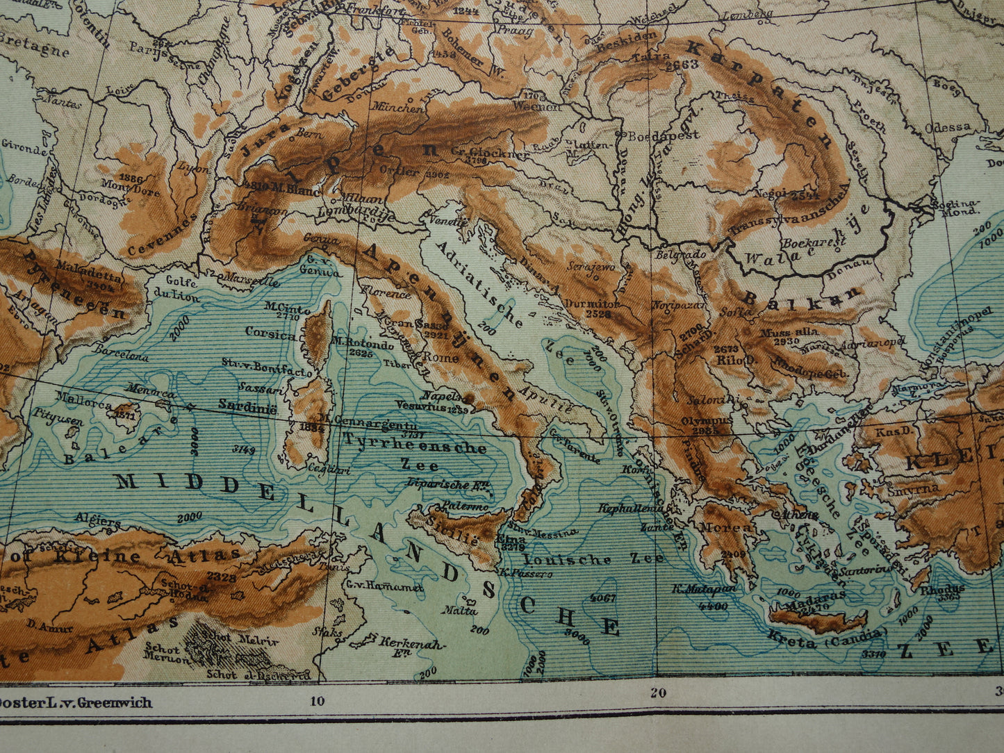 EUROPA Oude hoogtekaart van Europa uit 1907 originele Nederlandse antieke vintage kaart Bergen Rivieren Geologie landkaart