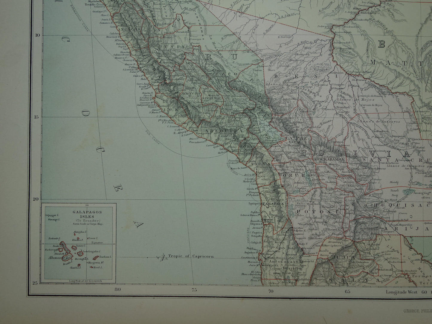 Große alte Karte des nördlichen Südamerikas, 1890, Original-Antiquitätenkarte, Brasilien, Suriname, Amazonas, Peru