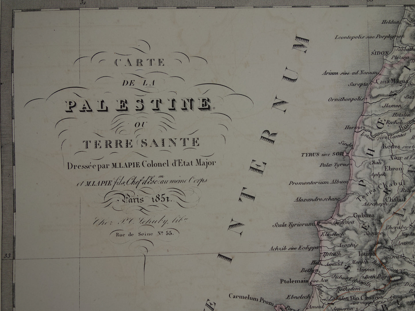 Oude kaart van Palestina in de klassieke oudheid uit 1851 originele antieke Franse handgekleurde landkaart Heilige Land Jeruzalem