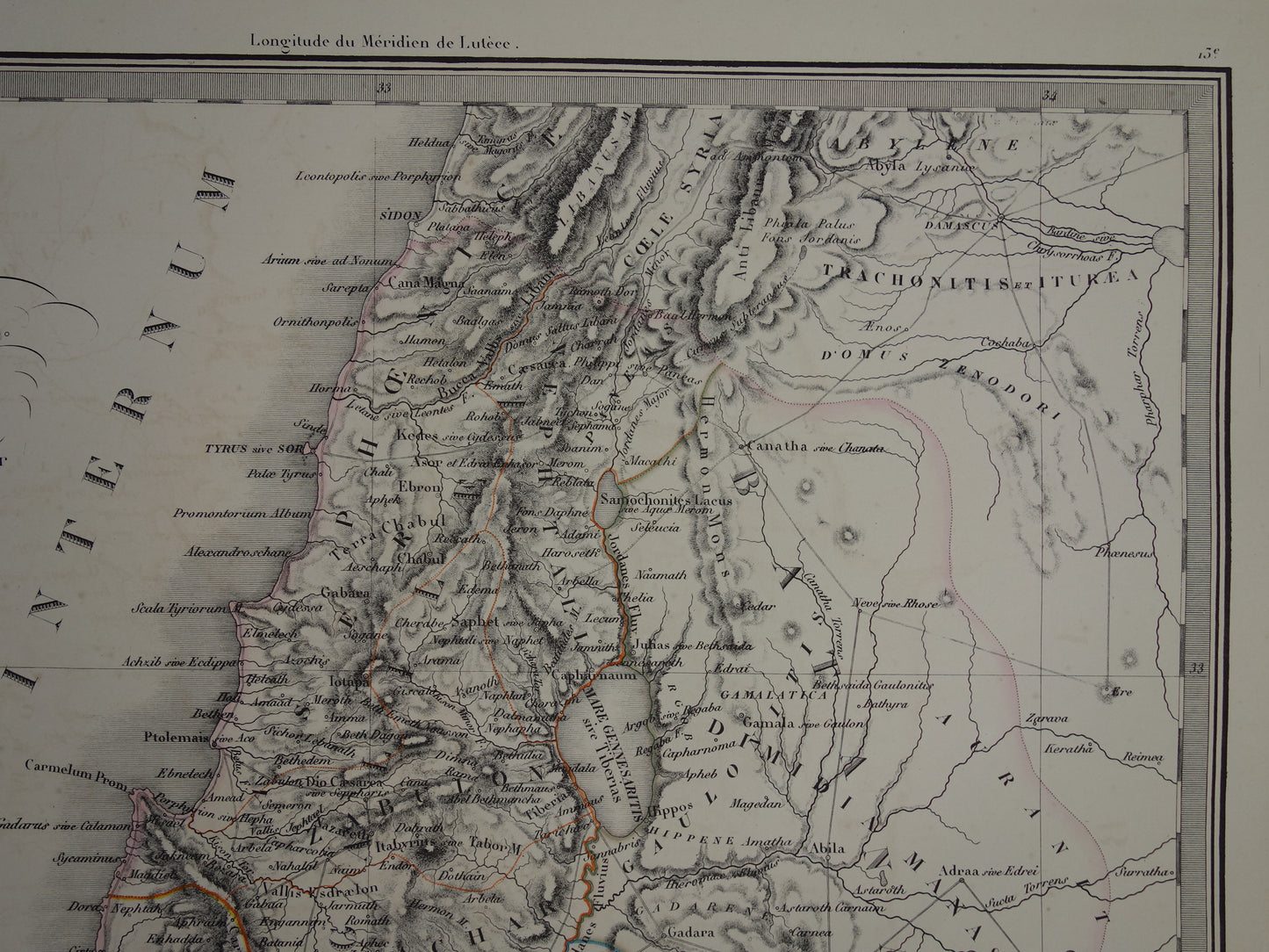 Oude kaart van Palestina in de klassieke oudheid uit 1851 originele antieke Franse handgekleurde landkaart Heilige Land Jeruzalem