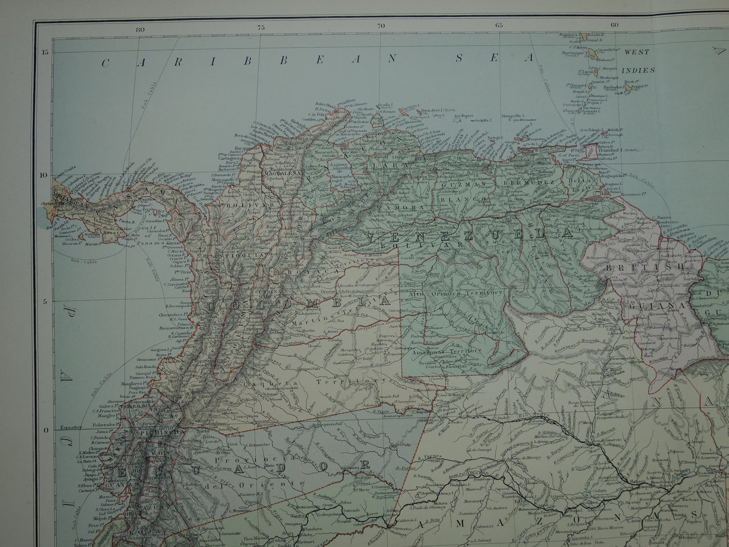 Grote oude kaart van noordelijk Zuid-Amerika 1890 originele antieke landkaart Brazilië Suriname Amazone rivier Peru