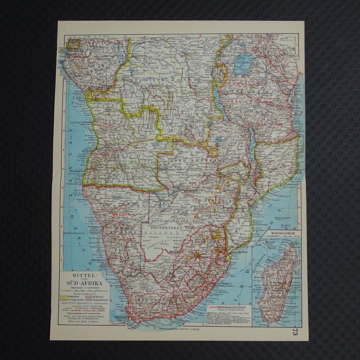 Old map of Southern Africa in 1928 original historical map of South Africa Madagascar Angola Namibia Botswana Tanzania Congo Mozambique Zambia