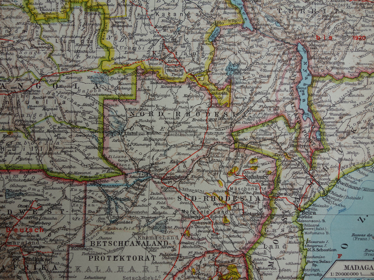 Old map of Southern Africa in 1928 original historical map of South Africa Madagascar Angola Namibia Botswana Tanzania Congo Mozambique Zambia