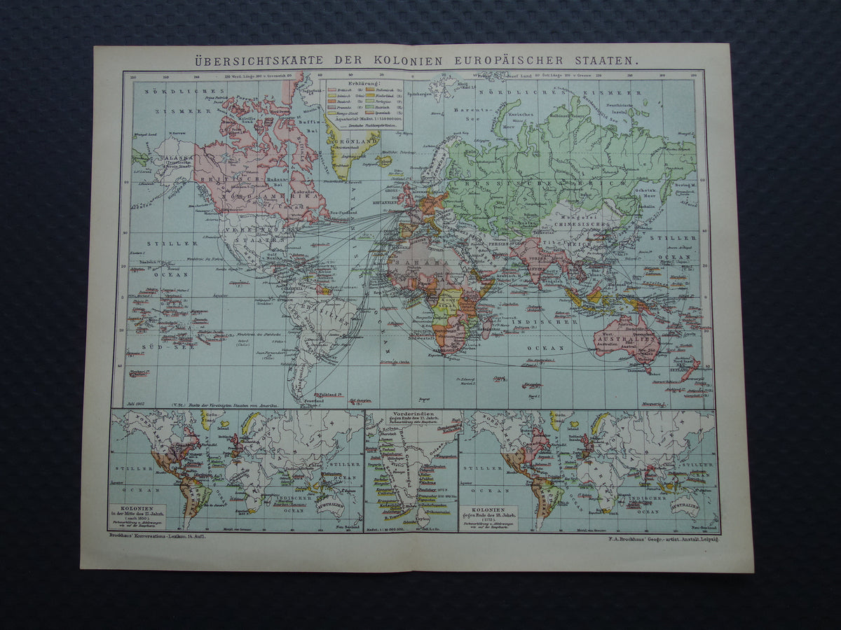 Oude wereldkaart van Kolonies Koloniëen 1902 originele antieke Duitse kaart koloniale bezittingen met jaartal