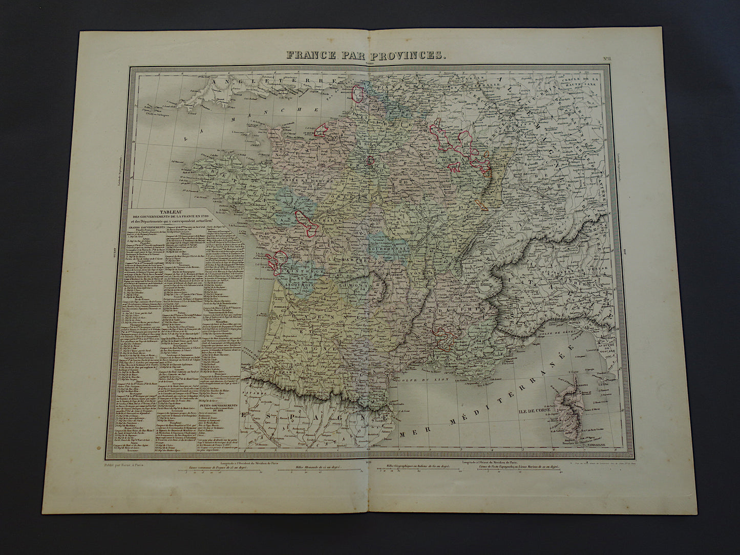 FRANKRIJK Antieke kaart van provincies in Frankrijk uit 1858 originele grote oude handgekleurde Franse landkaart