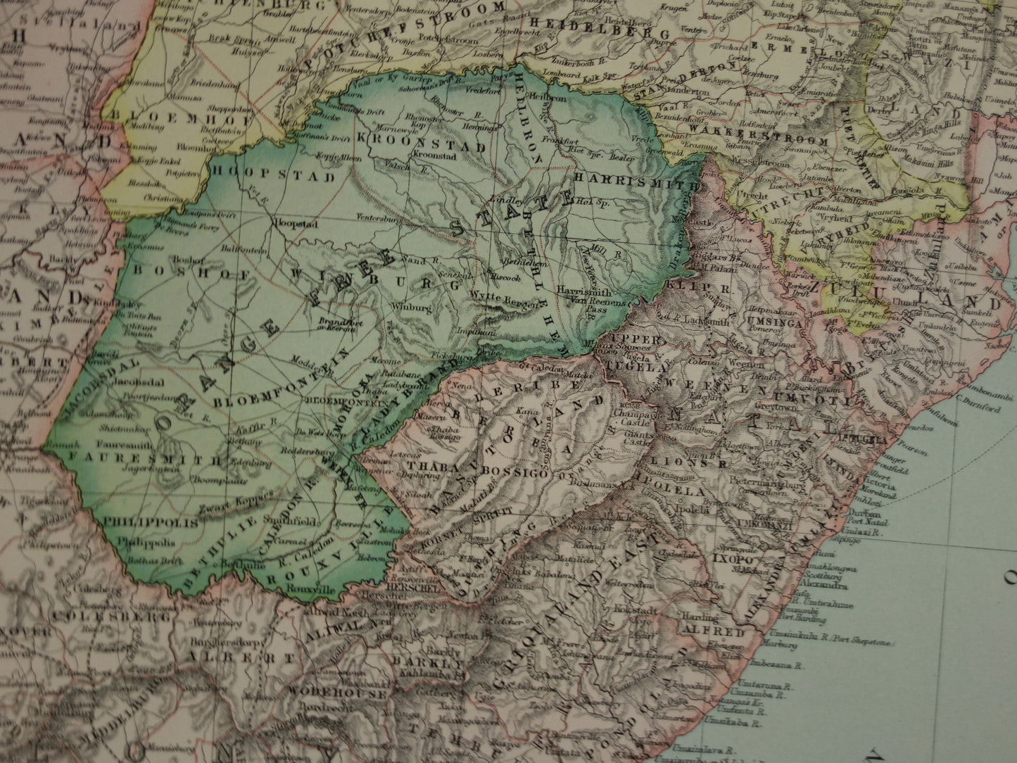 Landkaart van zuidelijk Afrika uit 1890 Grote originele 130+ jaar oude antieke kaart van Oranje Vrijstaat Kaapkolonie Natal Zuid Afrikaanse Republiek