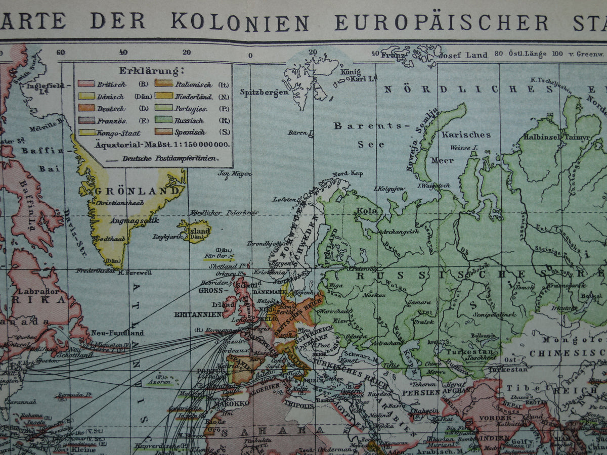 Oude wereldkaart van Kolonies Koloniëen 1902 originele antieke Duitse kaart koloniale bezittingen met jaartal